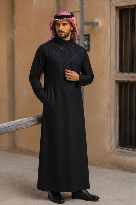 Elegant Black Geometric Stitch Saudi Thobe with White Thread
