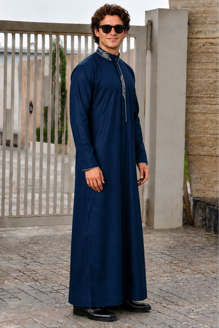 Men's Navy Modern Stitch Saudi Thobe | Chest & Back Stitch Design