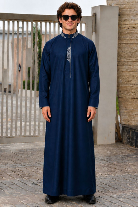 Men's Navy Modern Stitch Saudi Thobe | Chest & Back Stitch Design