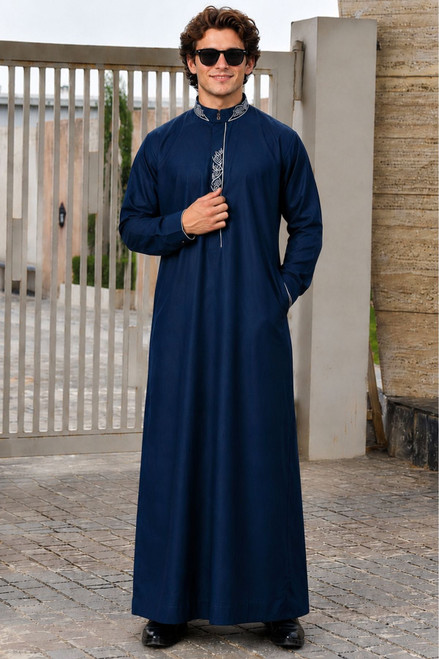 Men's Navy Modern Stitch Saudi Thobe | Chest & Back Stitch Design