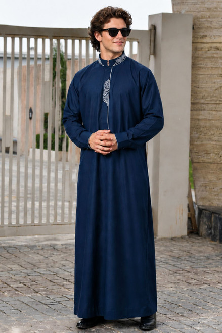 Men's Navy Modern Stitch Saudi Thobe | Chest & Back Stitch Design