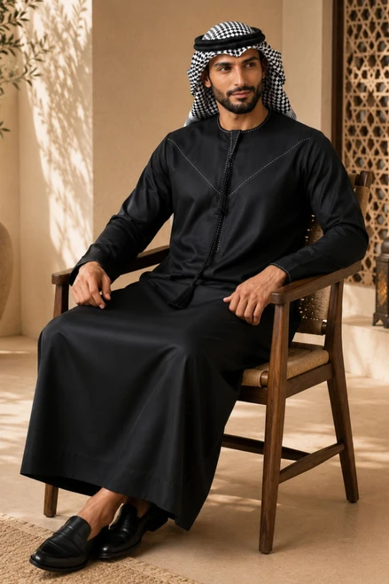 Black Embroidered Emirati Thobe – Men’s Traditional Wear
