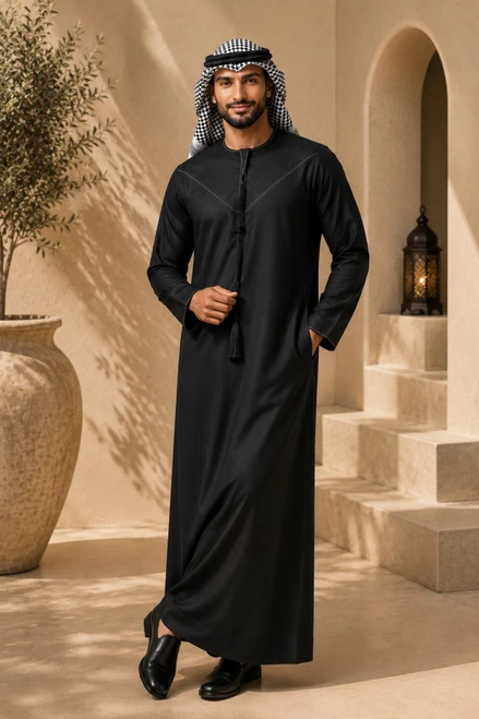 Black Embroidered Emirati Thobe – Men’s Traditional Wear
