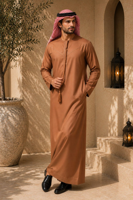 Camel Brown Traditional Emirati Thobe | Sleek Stitch Neckline Design