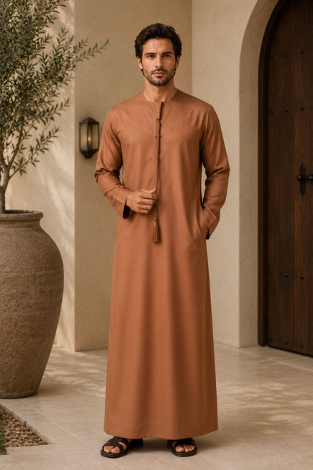 Camel Brown Traditional Emirati Thobe | Sleek Stitch Neckline Design