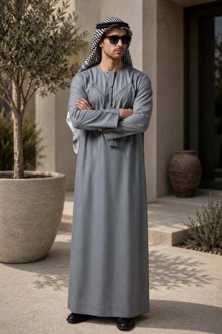 Grey Luxe Emirati Thobe with Intricate Embroidery and Tassel
