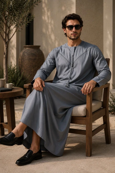 Grey Luxe Emirati Thobe with Intricate Embroidery and Tassel
