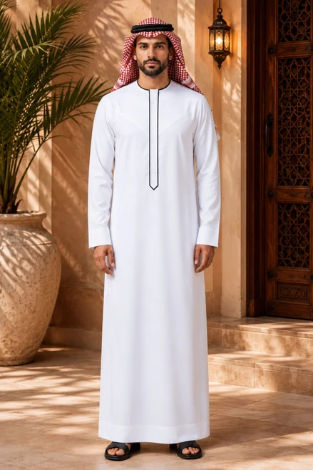 Man wearing a traditional white thobe with a red and white checkered headscarf in an outdoor setting.
