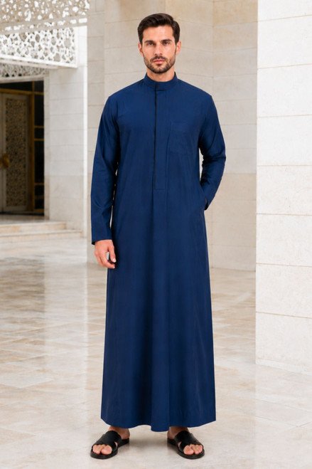 Navy Blue Saudi Thobe for Men with a Classic Button Front & Pockets
