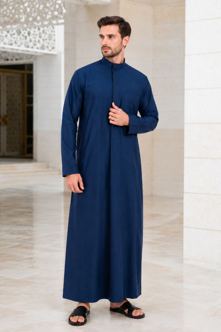 Navy Blue Saudi Thobe for Men with a Classic Button Front & Pockets
