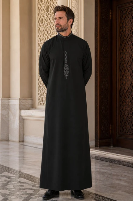 Aswad Saudi Thobe with Signature White Embroidery
