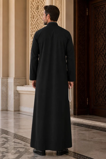 Aswad Saudi Thobe with Signature White Embroidery
