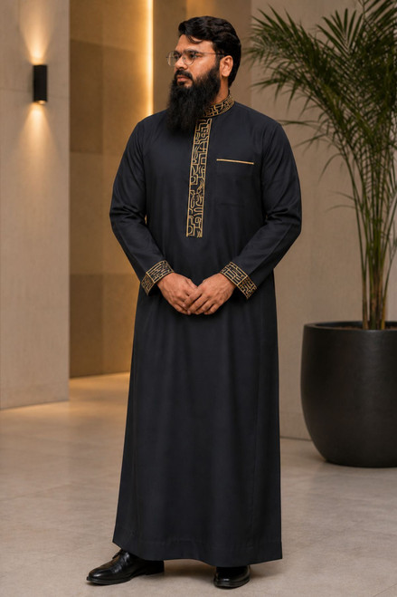 Black Saudi Thobe with White Floral Embroidery

