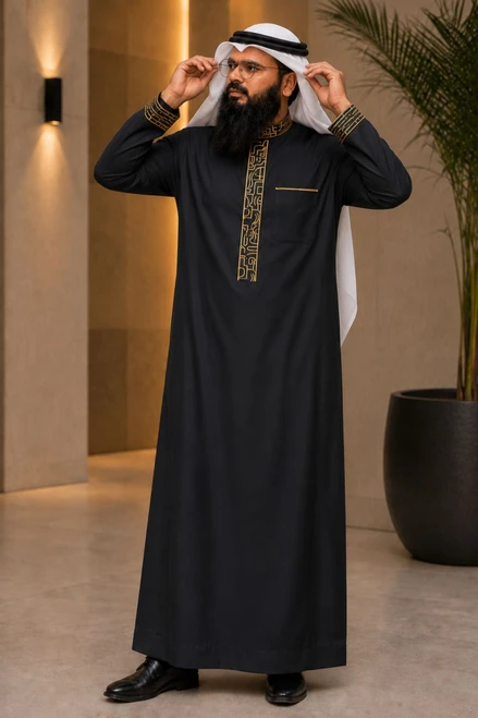 Black Saudi Thobe with White Floral Embroidery
