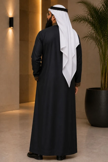 Black Saudi Thobe with White Floral Embroidery
