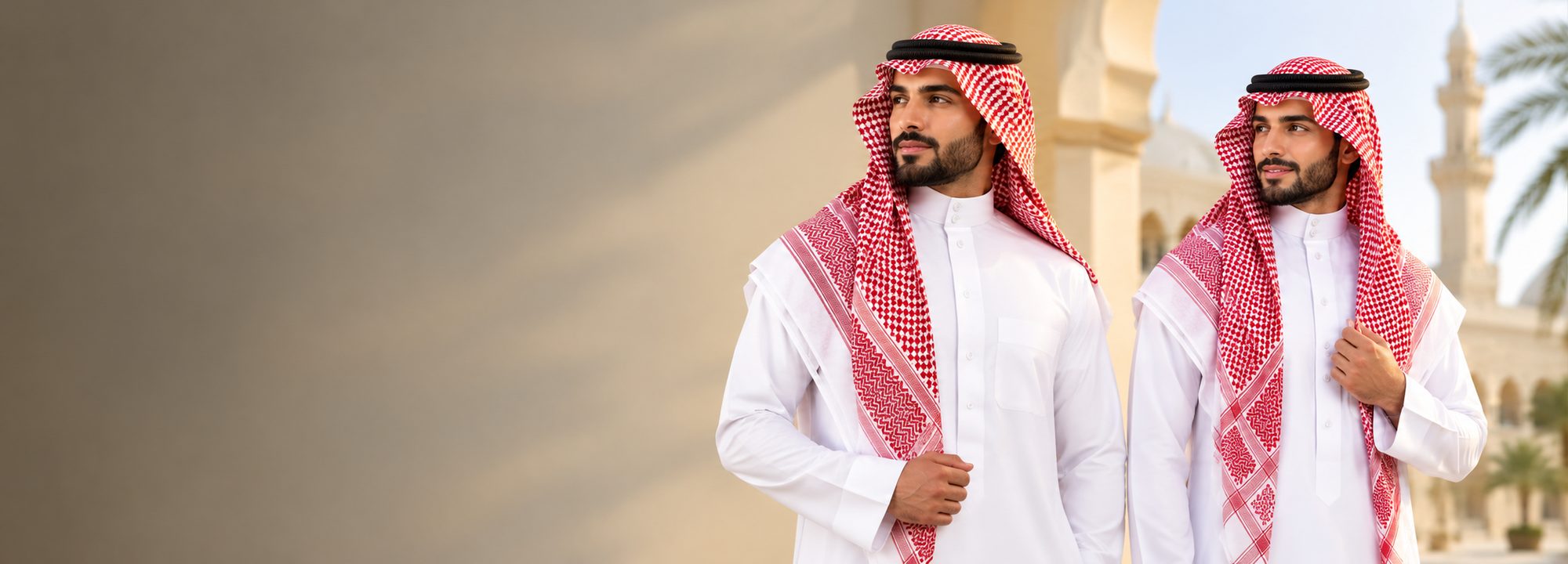 Two men in white Saudi thobes with red shemaghs outside a mosque