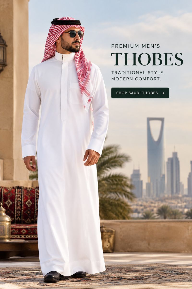 Man in white Saudi thobe with red shemagh, Riyadh skyline behind