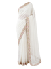 Ivory-White Pure Georgette Chikankari Saree with Embroidered Floral Border