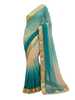 Dual-Tone Ombre Silk Saree in Teal and Beige with Stone Work and Golden Zari Border