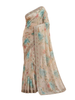 Beige Floral Digital Print Silk Saree with Golden Lace Border