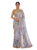 Lilac Floral Digital Print Silk Saree with Golden Cutwork Border