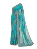 Turquoise Blue Floral Digital Print Silk Saree with Stone Work and Golden Embroidered Borde