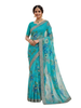 Turquoise Blue Floral Digital Print Silk Saree with Stone Work and Golden Embroidered Borde
