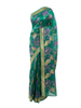 Hand-Painted Silk Teal Green Saree with Purple Floral Motifs