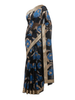 Hand-Painted Black Silk Saree with Blue Floral Motifs