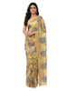 Hand-Painted Yellow Silk Saree with Blue Floral Motifs