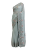 Premium Mist Grey Net Saree with Pastel Floral Scalloped Embroidery