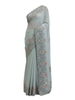 Designer Seafoam Grey Saree with Pastel Floral Scalloped Embroidery