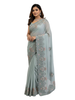 Designer Seafoam Grey Saree with Pastel Floral Scalloped Embroidery