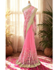 Dreamy Pastel Pink Floral Net Saree with Hand-Embroidered Border