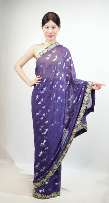 Royal Purple Floral Embroidered Net Saree with Designer Border Royal Purple Floral Embroidered Net Saree with Designer Border