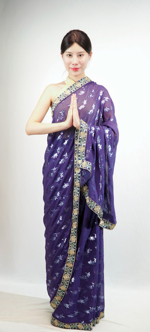 Royal Purple Floral Embroidered Net Saree with Designer Border