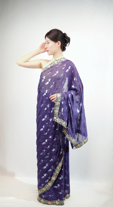 Royal Purple Floral Embroidered Net Saree with Designer Border Royal Purple Floral Embroidered Net Saree with Designer Border