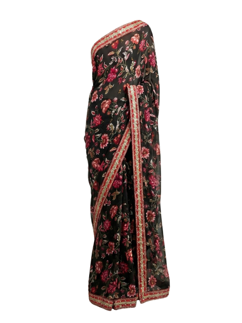 Elegant Black Floral Georgette Saree with Rich Embroidered Border