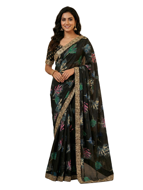 Chic Black Floral Printed Saree with Ornate Zari Border