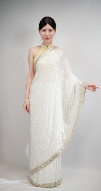 Pure White Organza Saree with Subtle Golden Embroidered Border Pure White Organza Saree with Subtle Golden Embroidered Border