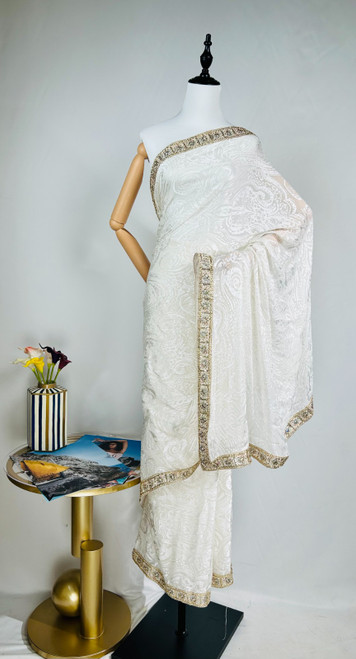 Pure White Organza Saree with Subtle Golden Embroidered Border Pure White Organza Saree with Subtle Golden Embroidered Border