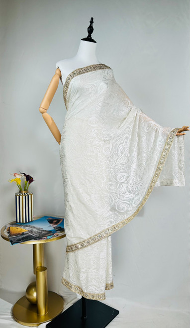 Pure White Organza Saree with Subtle Golden Embroidered Border Pure White Organza Saree with Subtle Golden Embroidered Border