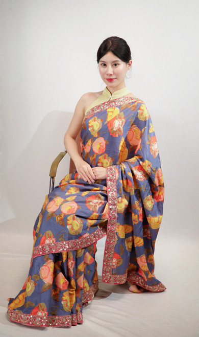 Elegant Lavender Floral Saree with Pearl Border Elegant Lavender Floral Saree with Pearl Border