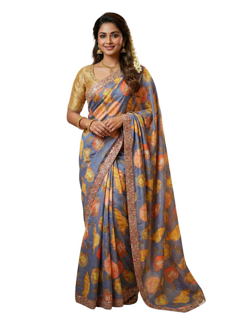Elegant Lavender Floral Saree with Pearl Border