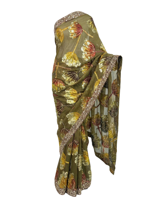 Olive Green Organza Saree with Majestic Multicolor Floral Embroidery & Ornate Scalloped Border