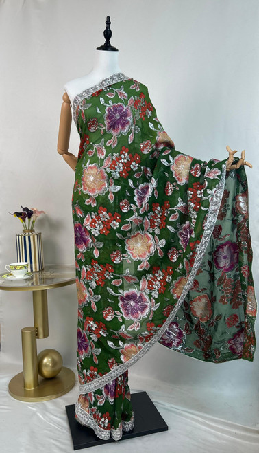Majestic Green Floral Embroidered Net Saree with Luxe Silver Scalloped Border Majestic Green Floral Embroidered Net Saree with Luxe Silver Scalloped Border