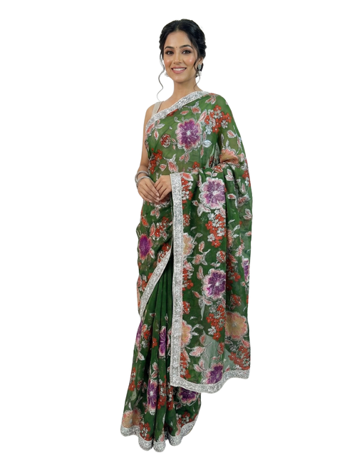 Majestic Green Floral Embroidered Net Saree with Luxe Silver Scalloped Border