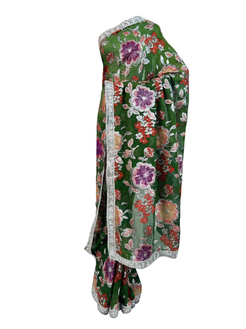 Majestic Green Floral Embroidered Net Saree with Luxe Silver Scalloped Border
