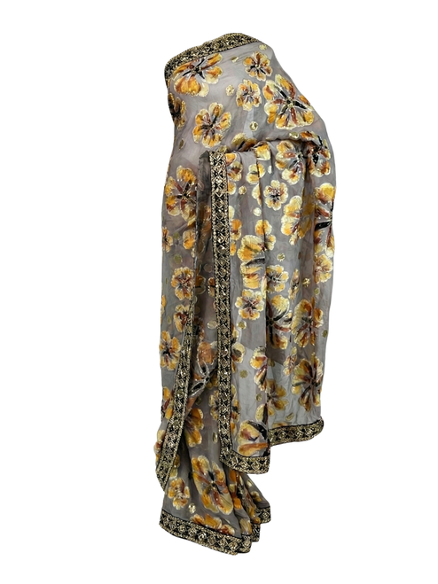 Luxe Grey Organza Saree with Handpainted Golden Floral Motifs & Embroidered Border