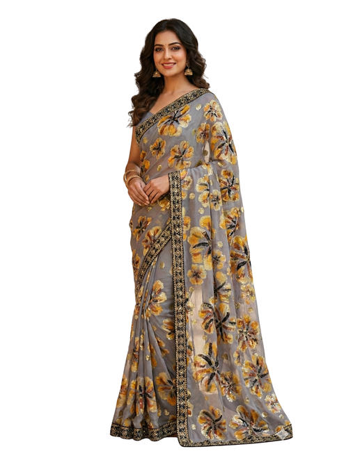 Luxe Grey Organza Saree with Handpainted Golden Floral Motifs & Embroidered Border